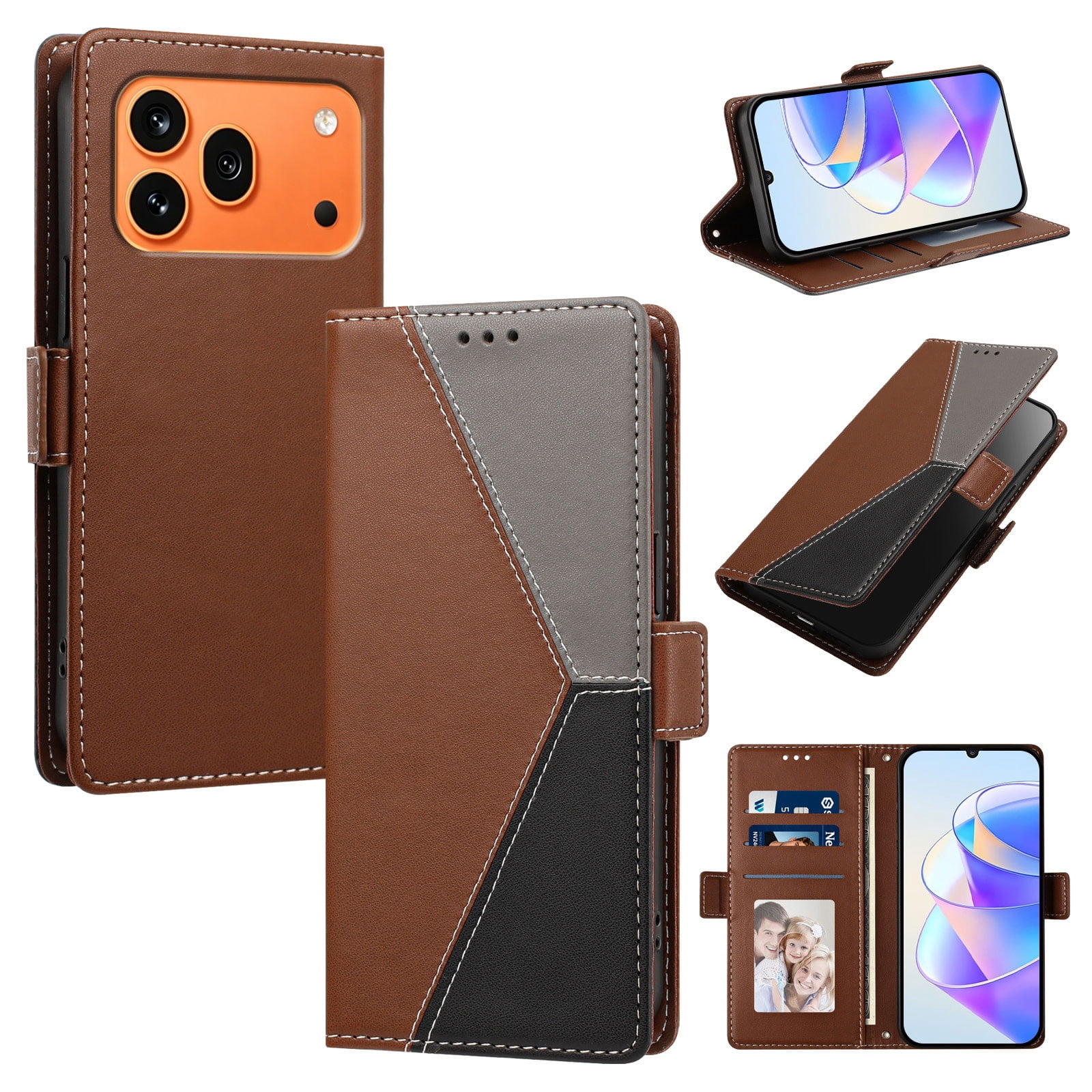 Ad Color Brown Wallet Case for Honor 600 Pro with Card Slots and Stand, Colorblock ...