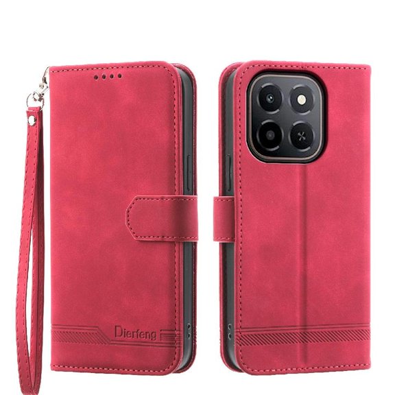 Wallet Case for Honor X6C Flip Phone Case with Card Slots, Cash Pocket, Kickstand, Magnetic Closure & Wrist Strap, TPU Soft Shell Cover Red