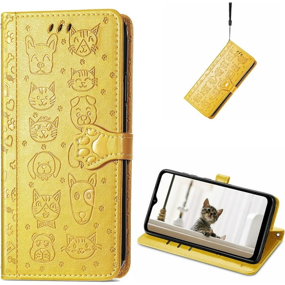 Wallet Case for Motorola Moto G22,Cat Dog Cartoon Cute Style with ID Card Holder PU Leather Flip Phone Cover for Motorola Moto G22 MG Yellow