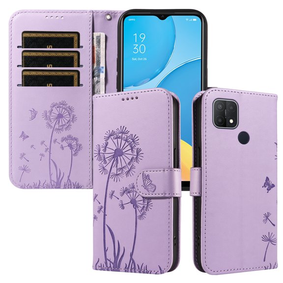 Wallet Case for OPPO A15, Kickstand and 3 Card Slots, Shockproof and Scratch Resistant, Purple