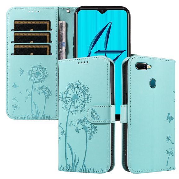 Wallet Case for OPPO A7, Kickstand and 3 Card Slots, Shockproof and Scratch Resistant, Green