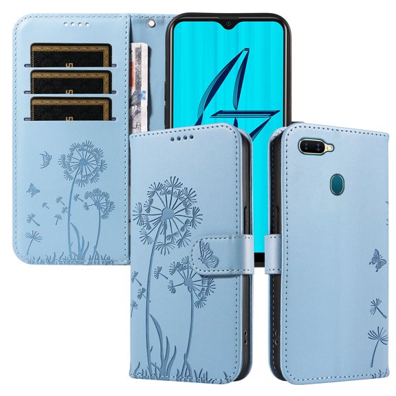 Wallet Case for OPPO A7, Kickstand and 3 Card Slots, Shockproof and Scratch Resistant, Sky Blue