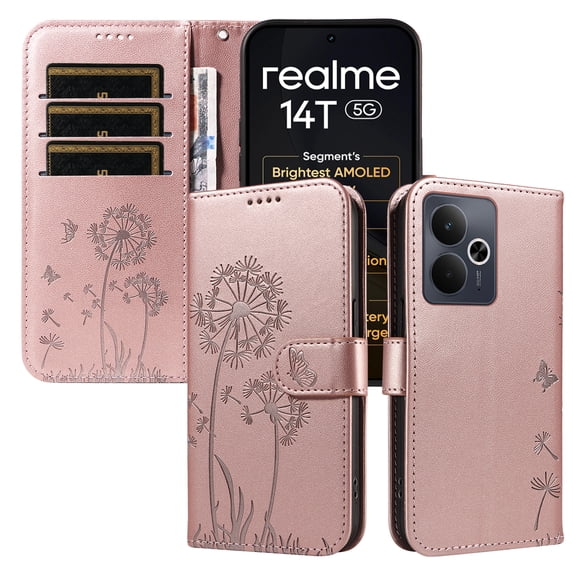 Wallet Case for OPPO Realme 14 5G, Kickstand and 3 Card Slots, Shockproof and Scratch Resistant, Rose Gold