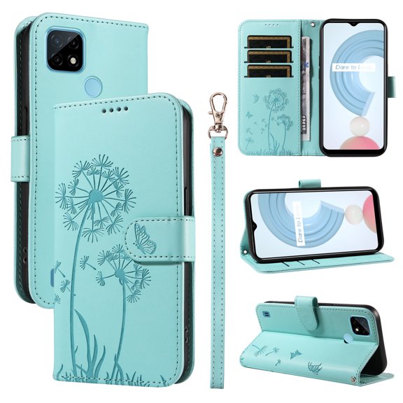 Wallet Case for OPPO Realme C21, Kickstand and 3 Card Slots, Shockproof and Scratch Resistant, Green