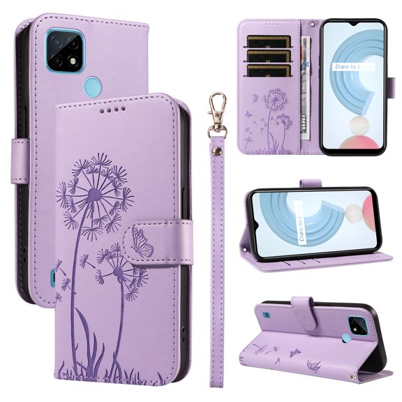 Wallet Case for OPPO Realme C21, Kickstand and 3 Card Slots, Shockproof and Scratch Resistant, Purple