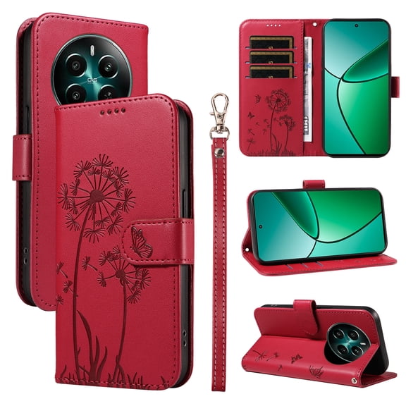 Wallet Case for OPPO Realme Narzo 70, Kickstand and 3 Card Slots, Shockproof and Scratch Resistant, Red