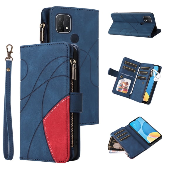 Wallet Case for Oppo A15, PU Leather 9 Card Slots with 1 Zipper Storage Bag Shockproof Cover for Oppo A15