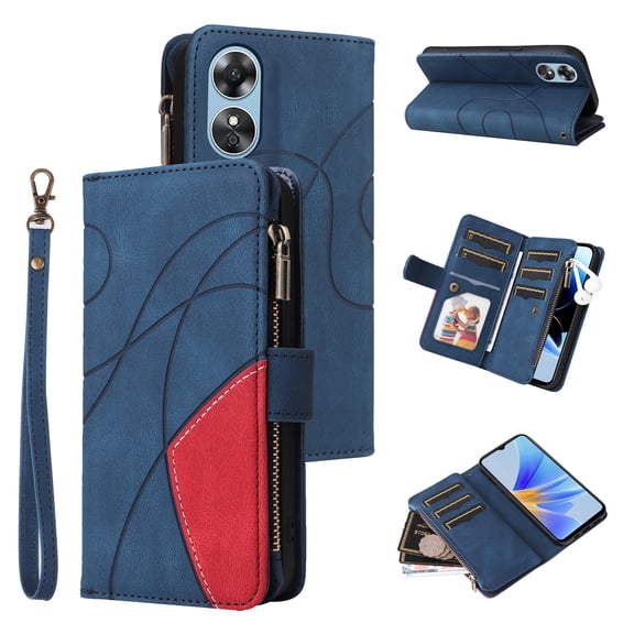 Wallet Case for Oppo A17, PU Leather 9 Card Slots with 1 Zipper Storage Bag Shockproof Cover for Oppo A17