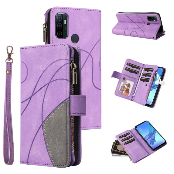 Wallet Case for Oppo A53 2020, PU Leather Zipper Storage Bag Kickstand Shockproof Flip Cover for Oppo A53 2020