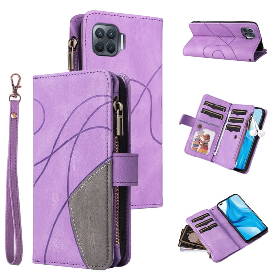 Wallet Case for Oppo Reno4 F, PU Leather Zipper Storage Bag Kickstand Shockproof Flip Cover for Oppo Reno4 F