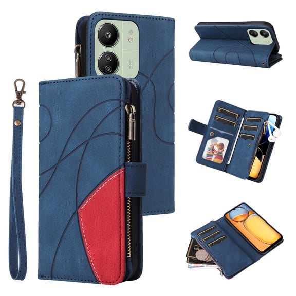 Wallet Case for Poco C65 4G LTE, PU Leather 9 Card Slots with 1 Zipper Storage Bag Shockproof Cover for Poco C65 4G LTE