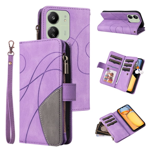 Wallet Case for Poco C65 4G LTE, PU Leather Zipper Storage Bag Kickstand Shockproof Flip Cover for Poco C65 4G LTE