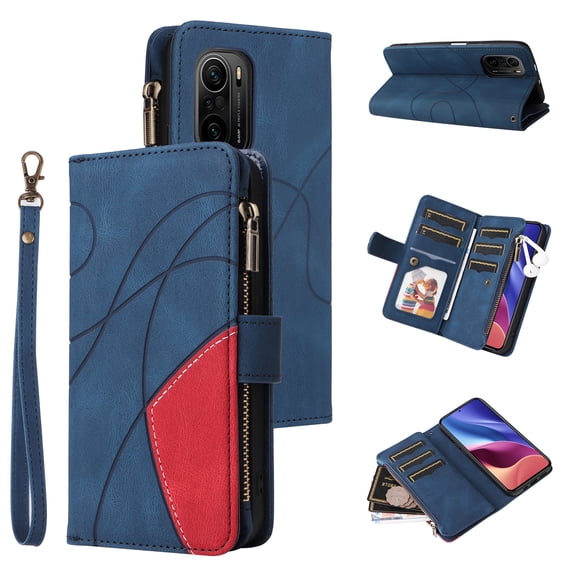 Wallet Case for Poco F3, PU Leather 9 Card Slots with 1 Zipper Storage Bag Shockproof Cover for Poco F3