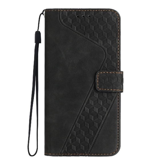 Wallet Case for Realme 14X 5G with Card Holder, Cash Pocket, Kickstand, Magnetic Clasp & Wrist Strap, Geometric Texture Folio Cover Black