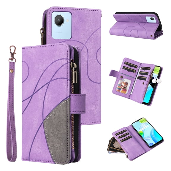 Wallet Case for Realme C30 4G, PU Leather Zipper Storage Bag Kickstand Shockproof Flip Cover for Realme C30 4G