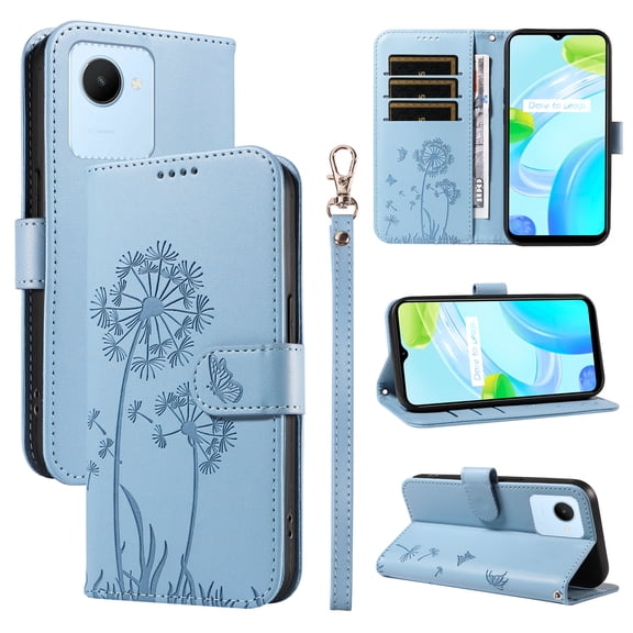 Wallet Case for Realme C30s, Kickstand and 3 Card Slots, Shockproof and Scratch Resistant, Sky Blue