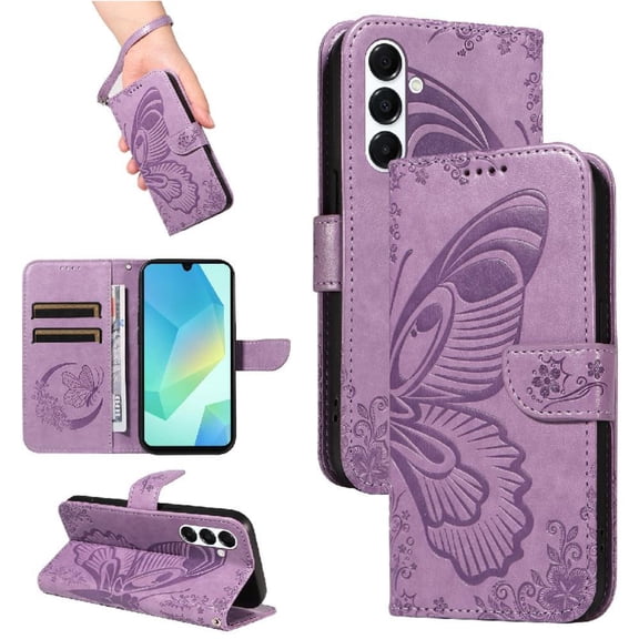 Wallet Case for Samsung Galaxy A26 Embossed Butterfly with Strap & Stand Purple