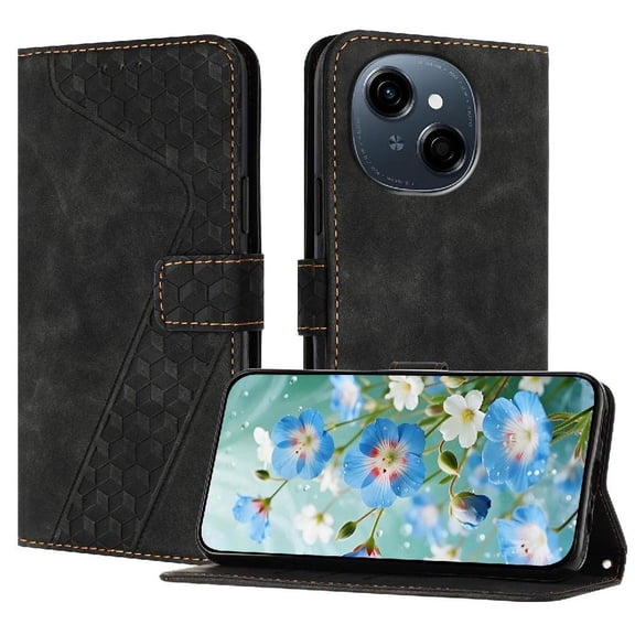 Wallet Case for Tecno Spark Go 2025 with Card Holder, Cash Pocket, Kickstand, Magnetic Clasp & Wrist Strap, Geometric Texture Folio Cover Black