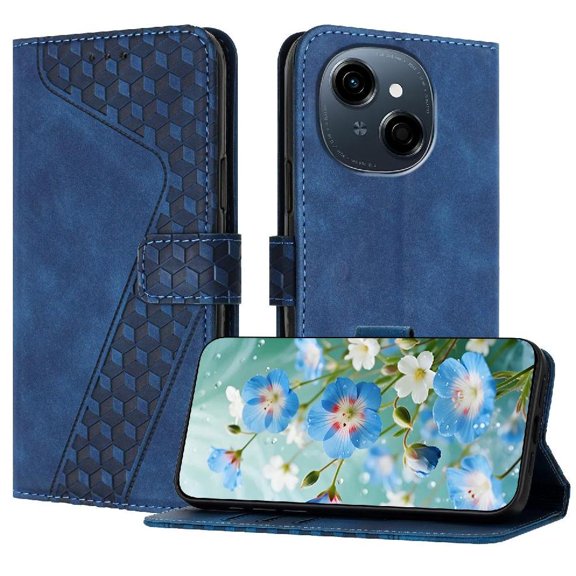 Wallet Case for Tecno Spark Go 2025 with Card Holder, Cash Pocket, Kickstand, Magnetic Clasp & Wrist Strap, Geometric Texture Folio Cover Blue