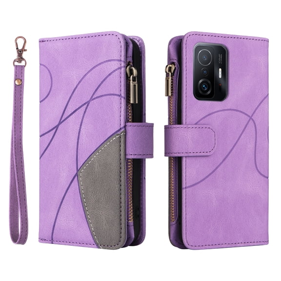 Wallet Case for Xiaomi 11T Pro, PU Leather Zipper Storage Bag Kickstand Shockproof Flip Cover for Xiaomi 11T Pro