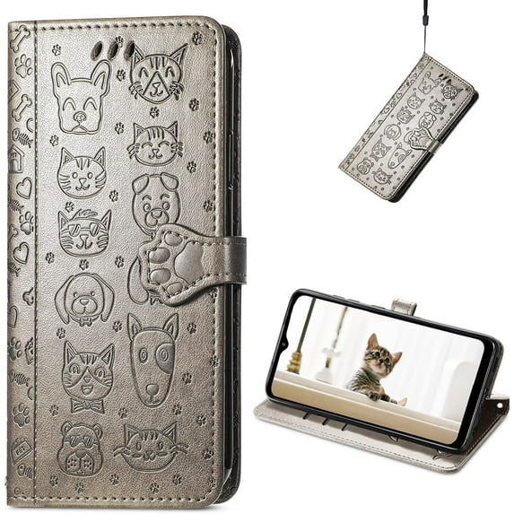 Wallet Case for Xiaomi 12,Cat Dog Cartoon Cute Style with ID Card Holder PU Leather Flip Phone Cover for Xiaomi 12 Grey