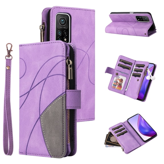 Wallet Case for Xiaomi Mi 10T, PU Leather Zipper Storage Bag Kickstand Shockproof Flip Cover for Xiaomi Mi 10T