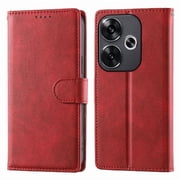 Wallet Case for Xiaomi Poco F6 5G Flip Leather Cover with Card Holder & Kickstand, Magnetic Clasp & Wrist Strap Red