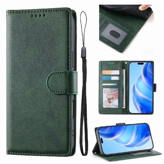 Wallet Case for Xiaomi Poco M7 4G Flip Leather Cover with Card Holder & Kickstand, Magnetic Clasp & Wrist Strap Green
