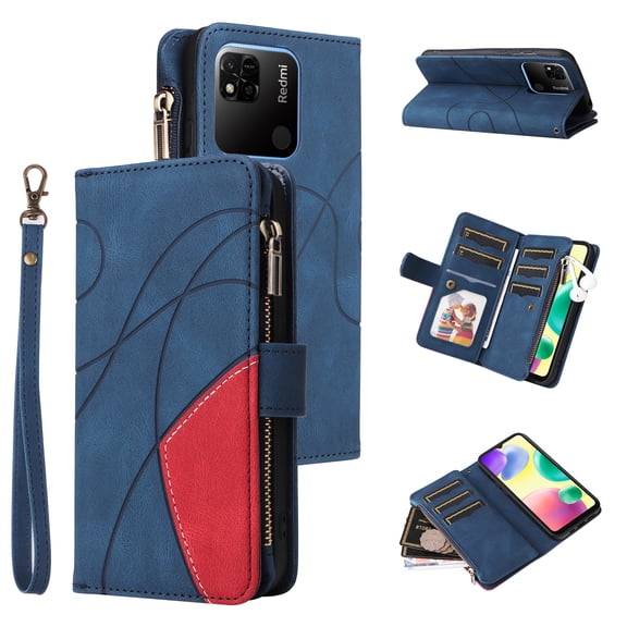 Wallet Case for Xiaomi Redmi 10A Sport, PU Leather 9 Card Slots with 1 Zipper Storage Bag Shockproof Cover for Xiaomi Redmi 10A Sport
