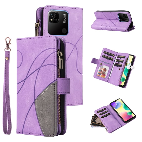 Wallet Case for Xiaomi Redmi 10A Sport, PU Leather Zipper Storage Bag Kickstand Shockproof Flip Cover for Xiaomi Redmi 10A Sport