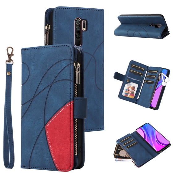 Wallet Case for Xiaomi Redmi 9, PU Leather 9 Card Slots with 1 Zipper Storage Bag Shockproof Cover for Xiaomi Redmi 9