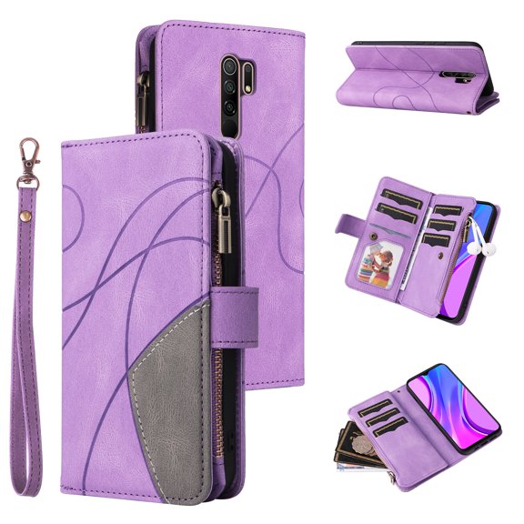 Wallet Case for Xiaomi Redmi 9, PU Leather Zipper Storage Bag Kickstand Shockproof Flip Cover for Xiaomi Redmi 9