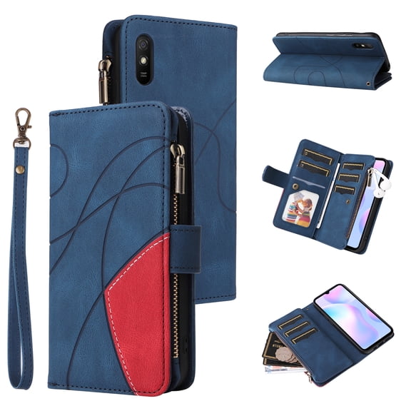 Wallet Case for Xiaomi Redmi 9AT, PU Leather 9 Card Slots with 1 Zipper Storage Bag Shockproof Cover for Xiaomi Redmi 9AT