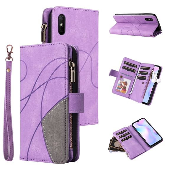 Wallet Case for Xiaomi Redmi 9AT, PU Leather Zipper Storage Bag Kickstand Shockproof Flip Cover for Xiaomi Redmi 9AT