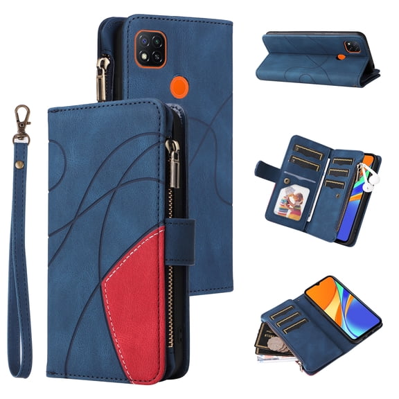 Wallet Case for Xiaomi Redmi 9C NFC, PU Leather 9 Card Slots with 1 Zipper Storage Bag Shockproof Cover for Xiaomi Redmi 9C NFC