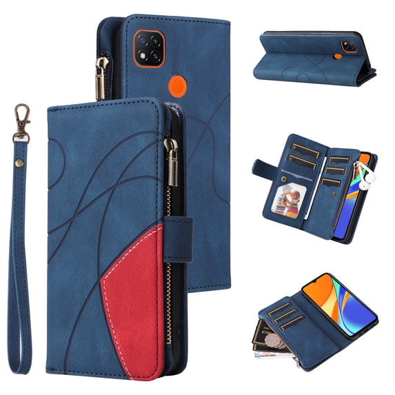 Wallet Case for Xiaomi Redmi 9C NFC, PU Leather 9 Card Slots with 1 Zipper Storage Bag Shockproof Cover for Xiaomi Redmi 9C NFC