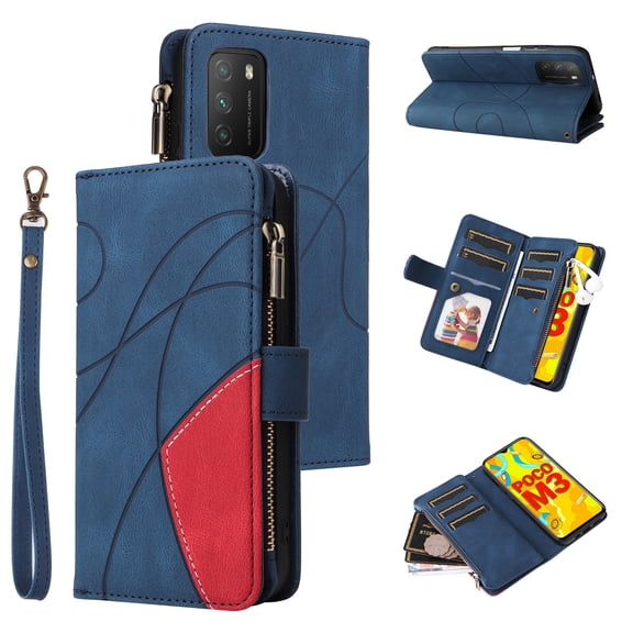 Wallet Case for Xiaomi Redmi 9T, PU Leather 9 Card Slots with 1 Zipper Storage Bag Shockproof Cover for Xiaomi Redmi 9T
