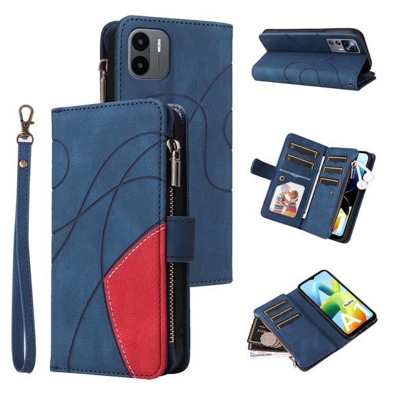 Wallet Case for Xiaomi Redmi A1, PU Leather 9 Card Slots with 1 Zipper Storage Bag Shockproof Cover for Xiaomi Redmi A1