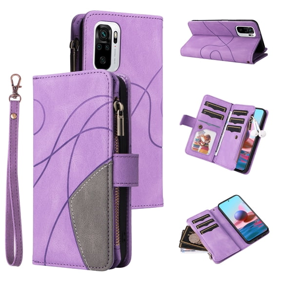 Wallet Case for Xiaomi Redmi Note 10S, PU Leather Zipper Storage Bag Kickstand Shockproof Flip Cover for Xiaomi Redmi Note 10S