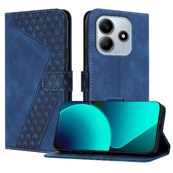 Wallet Case for Xiaomi Redmi Note 14 4G with Card Holder, Cash Pocket, Kickstand, Magnetic Clasp & Wrist Strap, Geometric Texture Folio Cover Blue