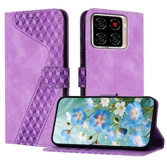 Wallet Case for ZTE Blade A56 Pro with Card Holder, Cash Pocket, Kickstand, Magnetic Clasp & Wrist Strap, Geometric Texture Folio Cover Purple