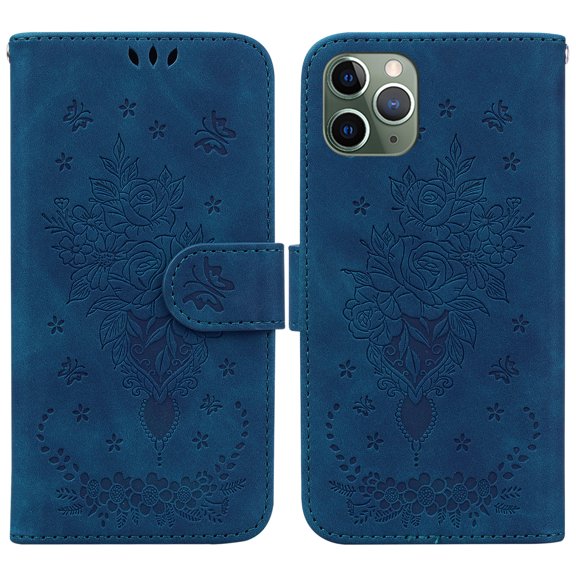 Wallet Case for iPhone 11 Pro 5.8-Inch, Embossed Flower Shockproof Flip Case with Magnetic Kickstand Card Slots Phone Cover for iPhone 11 Pro,Blue