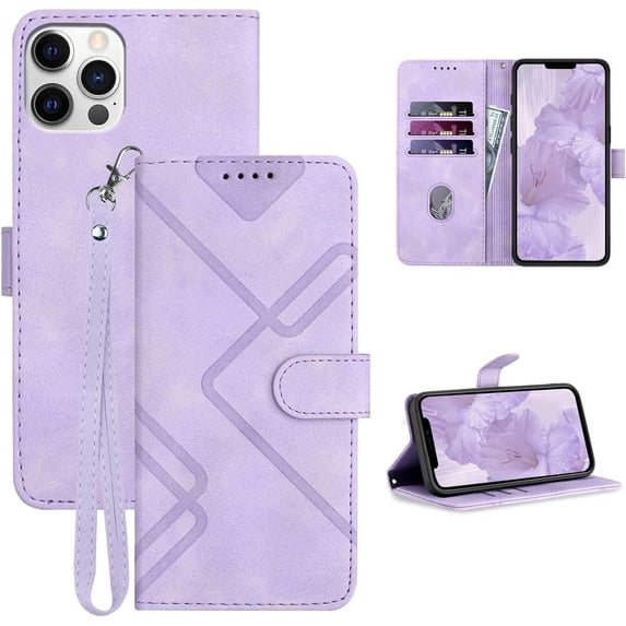 Wallet Case, for iPhone 12 Wallet Case,Card Holder Leather Kick-Stand Flip Cases,Wrist Strap, Closure,Shockproof Protective Cover (Purple)