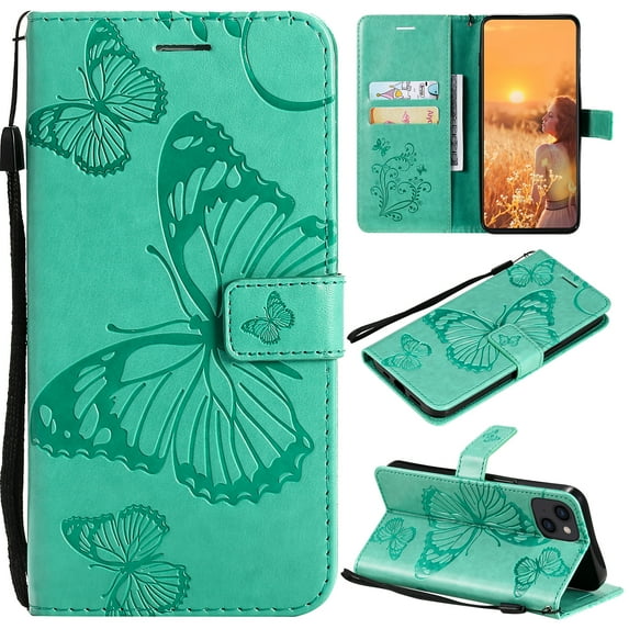 Wallet Case for iPhone 13, Flip Kickstand Emboss Butterfly PU Leather Protective Phone Cover with Wrist Strap & Card Slots, Green