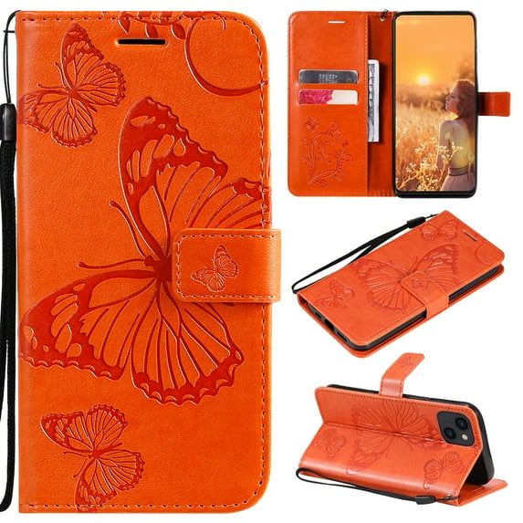 Wallet Case for iPhone 13, Flip Kickstand Emboss Butterfly PU Leather Protective Phone Cover with Wrist Strap & Card Slots, Orange