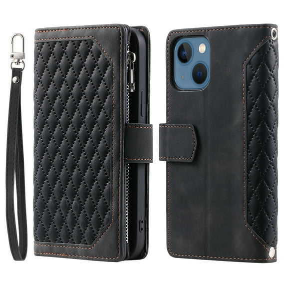 Wallet Case for iPhone 13 Mini (5.4 Inch) with Kickstand Card Slots Wrist Strap Case, Magnetic Shockproof Flip Phone Cover for iPhone 13 Mini,Black