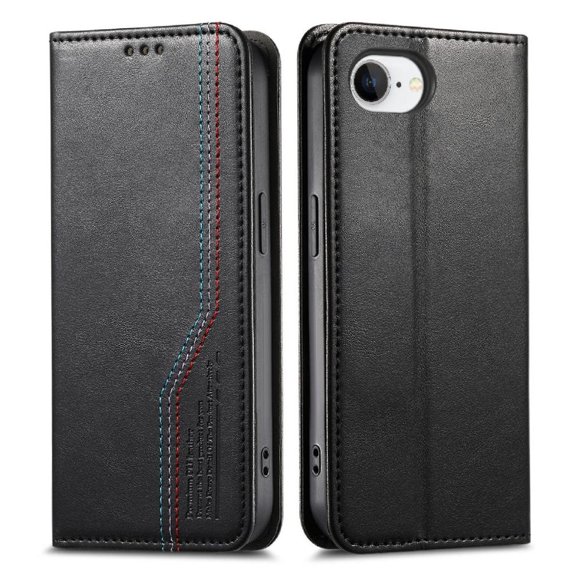 Wallet Case for iPhone 16 E Leather Magnetic Flip, Card Slots, Wrist Strap Black