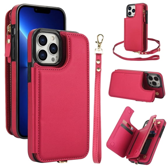 Wallet Case for iPhone 16 Pro Max with Card Slot Holder, Magnetic Flip Folio Purse Case, Zipper Handbag with Detachable Lanyard Strap