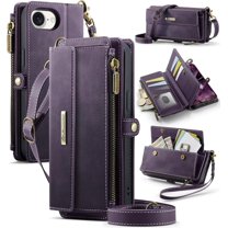 Wallet Case for iPhone 16e – RFID Blocking PU Leather Phone Case with Card Holder, Zipper Pocket, Kickstand, Magnetic Closure, Shoulder & Wrist Strap