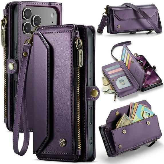 Wallet Case for iPhone 17 Pro Max Case【RFID Blocking】with 10-Card Holder Zipper Bills Slot, Soft PU Leather Magnetic Shoulder Wrist Strap for Women